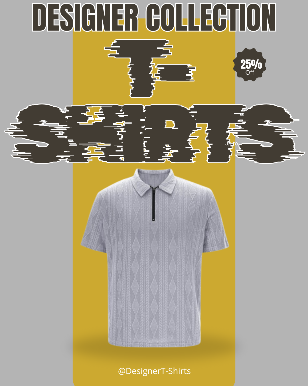 Mens Grey Standard Fit Polo Collor Zip Strip T-Shirts.