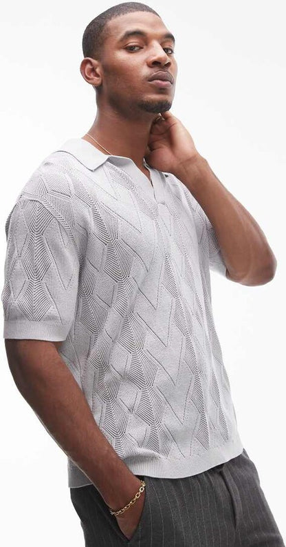 Mens Grey Standard Fit Polo Collor Zip Strip T-Shirts.