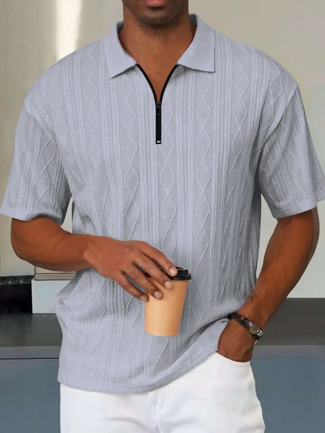 Mens Grey Standard Fit Polo Collor Zip Strip T-Shirts.